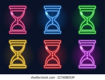 Neon sign. Set of neon hourglasses. Glowing lines on a dark background.