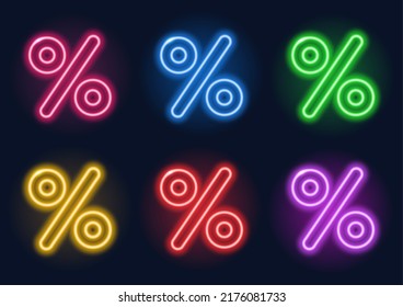 Neon sign. Set of neon icons with percent sign. Glowing lines on a dark background.