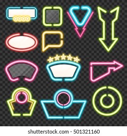 Neon sign set with illuminated arrows and advertising templates on transparent background isolated vector illustration