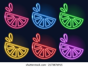 Neon sign. Set of neon lemon slices in different colors. Laser glowing lines on a black background. Lime fruits.