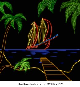 a neon sign in the shape of a boat in the Bay of a tropical island among the palm trees