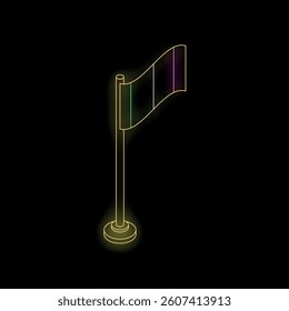Neon sign in the shape of a flag is waving in the wind, casting a colorful glow against a dark background