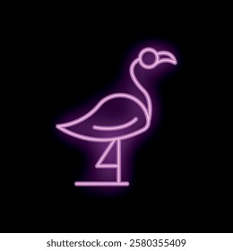 Neon sign in the shape of a flamingo, glowing pink against a black background