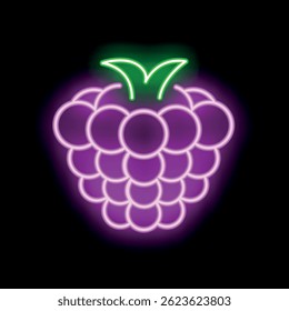 Neon sign in the shape of a raspberry, with bright purple fruits and green leaves, glowing on a black background
