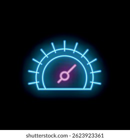 Neon sign in the shape of a speedometer, glowing blue and pink on a black background