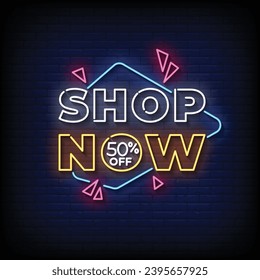 Neon Sign shop now with brick wall background vector