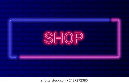 Tienda de letreros de neón en el marco de burbuja de habla en el vector de fondo de pared de ladrillo. Banner de luz en el fondo de la pared. Botón de la tienda de marketing de descuento, plantilla de diseño, letrero de neón nocturno