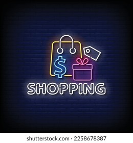 Neon Sign shopping with brick wall background vector