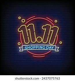 Neon Sign shopping day 11.11 with brick wall background vector