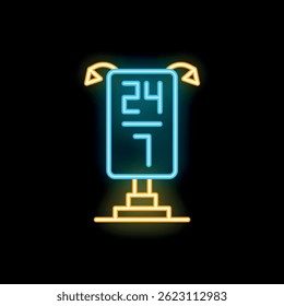 Neon sign showing 24 7 service availability on black background