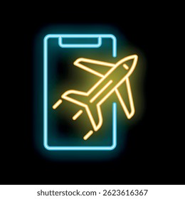 Neon sign showing airplane taking off from smartphone screen on dark background