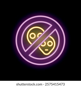 Neon sign showing an alien face crossed out with a prohibition symbol, suggesting a ban on extraterrestrial beings