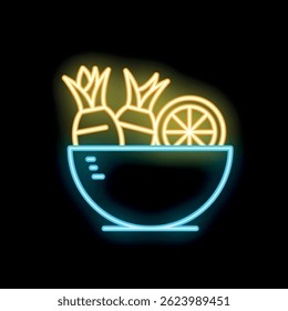 Neon sign showing a bowl filled with pineapples and an orange, ideal for juice bars, restaurants, or healthy food businesses