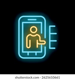 Neon sign showing a businessman presenting a growing chart on a smartphone screen