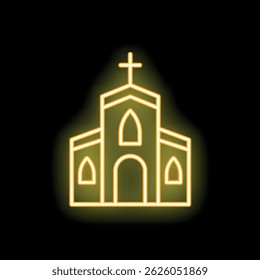 Placa de néon mostrando uma igreja com uma cruz brilhante no topo, simbolizando fé e religião