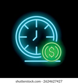 Neon sign showing a clock and a coin, representing the concept that time is money