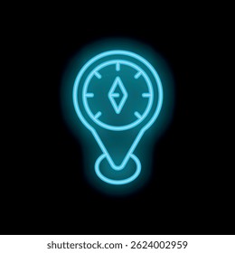 Neon sign showing a compass with the needle pointing north on a map pin on a black background