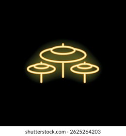 Neon sign showing drum cymbals glowing on black background