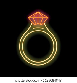 Neon sign showing an engagement ring with a big diamond glowing on a dark background