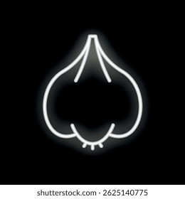 Neon sign showing a garlic bulb glowing white on black background