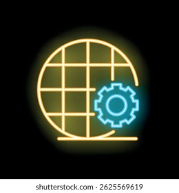Neon sign showing a gear partially overlaying a globe, representing global business and technology