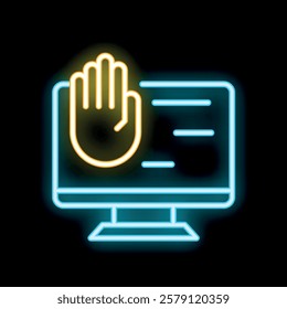 Neon sign showing a hand making a stop gesture in front of a computer screen, conveying a concept of content restriction
