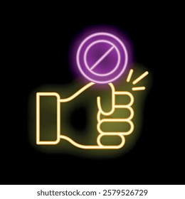 Neon sign showing a hand making the stop gesture, a universal symbol for prohibition and warning