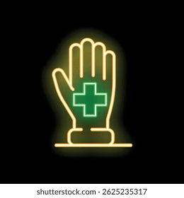 Neon sign showing a hand with a medical cross, concept for medical assistance
