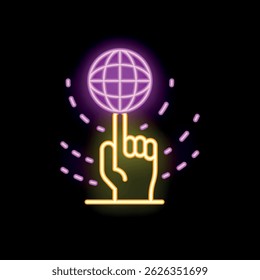 Neon sign showing a hand spinning a rotating earth globe on a black background