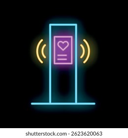 Neon sign showing heart symbol with radio waves on black background