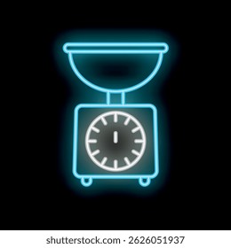 Neon sign showing a kitchen scale with a circular dial, glowing brightly against a dark background