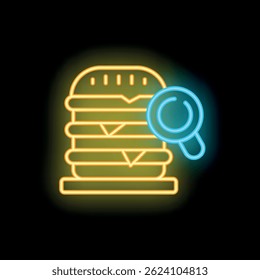 Neon sign showing a magnifying glass inspecting a hamburger, symbolizing food analysis and quality control