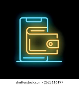 Neon sign showing a mobile phone overlapping a digital wallet symbolizing online payment
