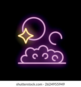 Neon sign showing a moon shining over clouds at night