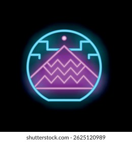 Letrero de neón que muestra una cordillera dentro de un círculo, rosa brillante y azul contra un fondo negro