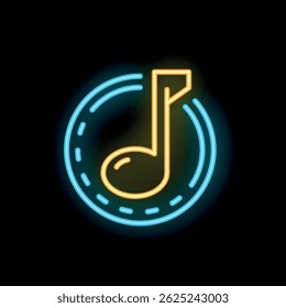 Neon sign showing a music note inside a circle with a black background