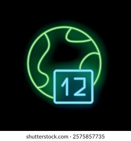 Neon sign showing number twelve with earth globe for world population day concept