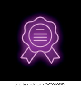 Neon teken met een kwaliteitsborging certificaat zegel met een lint op een zwarte achtergrond