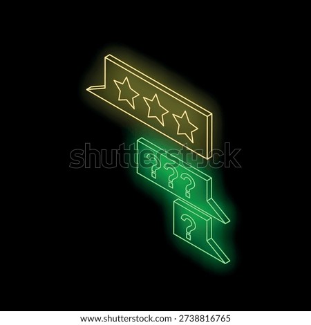 Neon sign showing question marks and five star rating, representing customer review, support and feedback