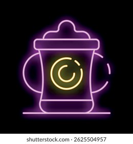 Neon sign showing a reusable coffee cup with a lid, glowing on a black background
