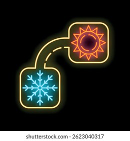 Neon sign showing a road turning from a snowflake to a sun icon, on a black background