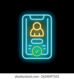 Neon sign showing smartphone displaying user profile with check mark confirming successful login or verification