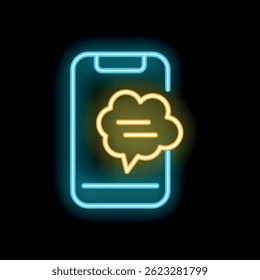 Neon sign showing a smartphone with a speech bubble containing a new message notification