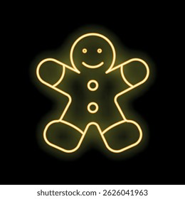 Neon sign showing a smiling gingerbread man with its arms raised on a black background