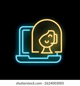Neon sign showing a smiling woman having a video call on her laptop, representing remote work or online communication