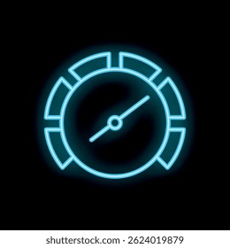 Neon sign showing a speedometer with blue lighting effect, representing speed, performance, and measurement