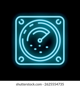 Neon sign showing a speedometer with a needle pointing to the right, on a black background