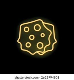 Neon sign showing two chocolate chip cookies with irregular shape, glowing yellow light on black background
