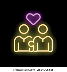 Neon sign showing two people holding hands with a heart above them, symbolizing love and connection