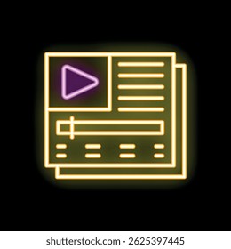 Neon sign showing a video player interface with play button, progress bar and control panel